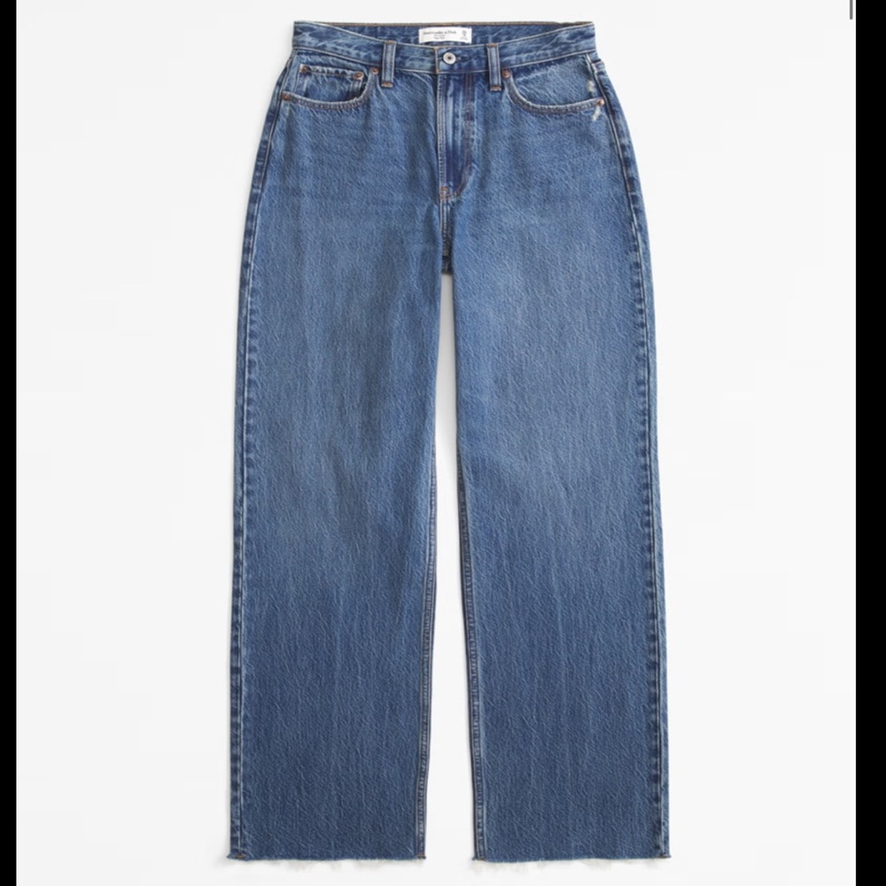 Abercrombie & Fitch Dark Wash High Rise Loose Fit Jeans with Raw Hem